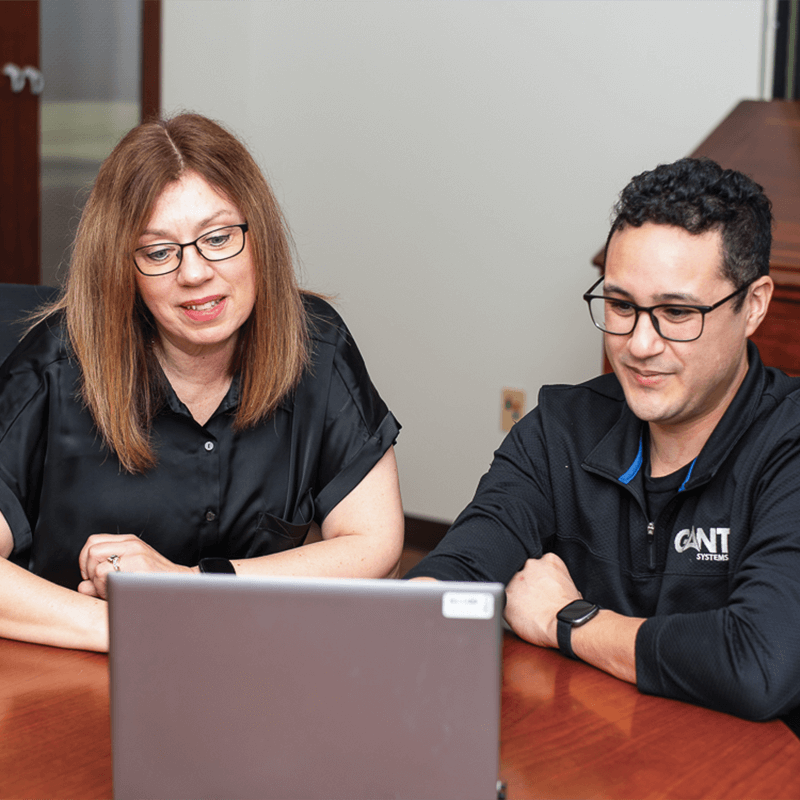 IT employees looking at laptop
